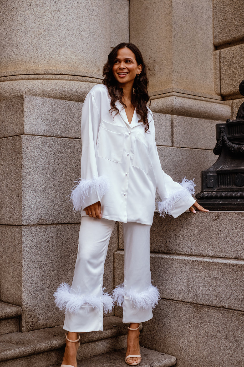 Satin Button Shirt with Feather Trim