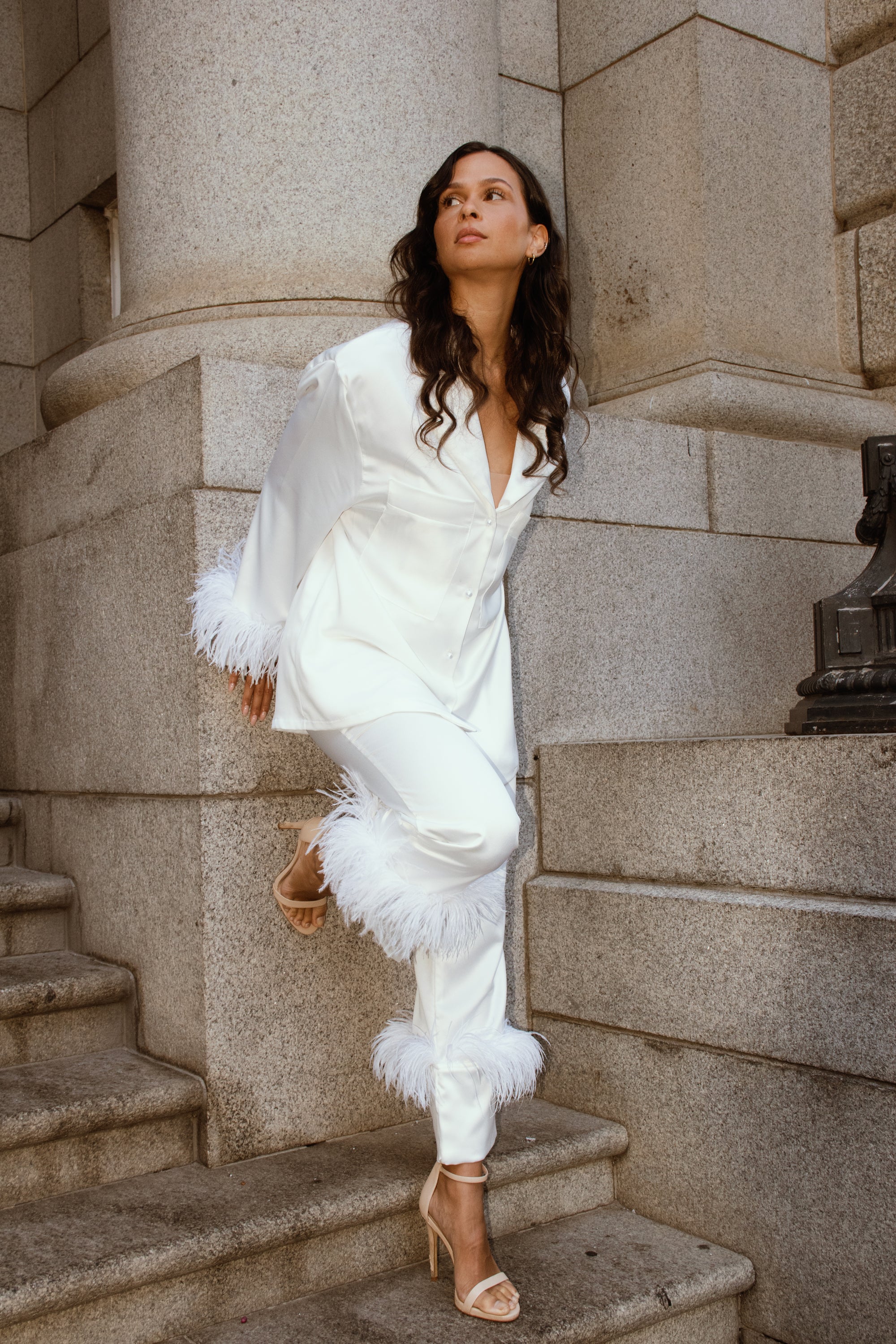 Satin Button Shirt with Feather Trim