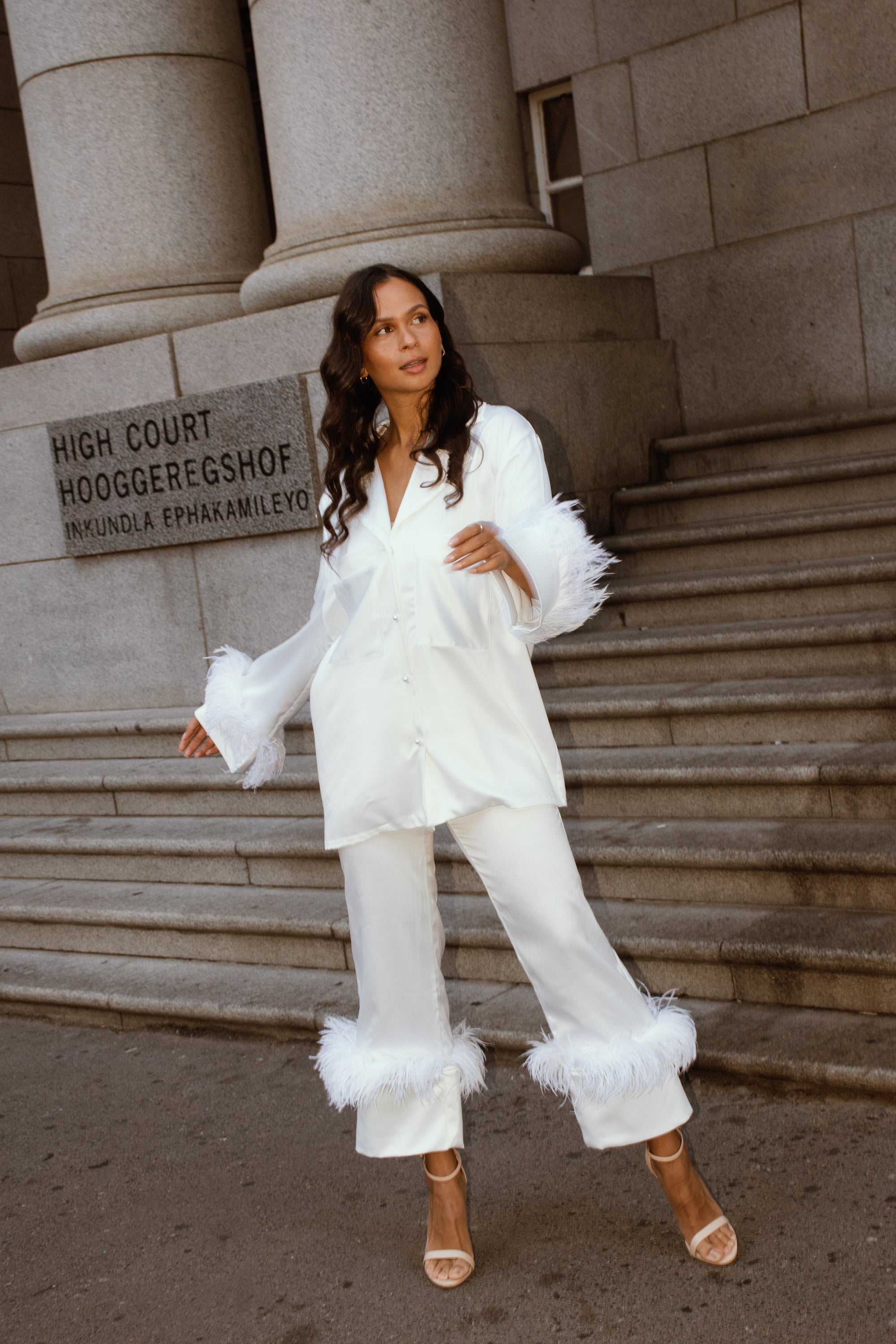 Satin Button Shirt with Feather Trim