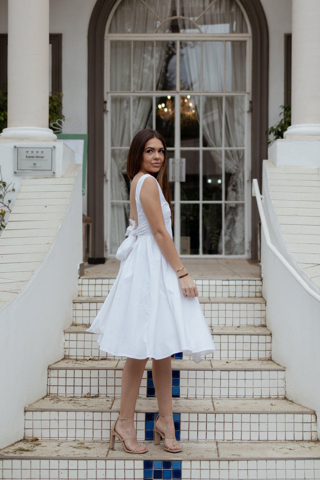 White Fit & Flare Midi Dress with Open Back Bow