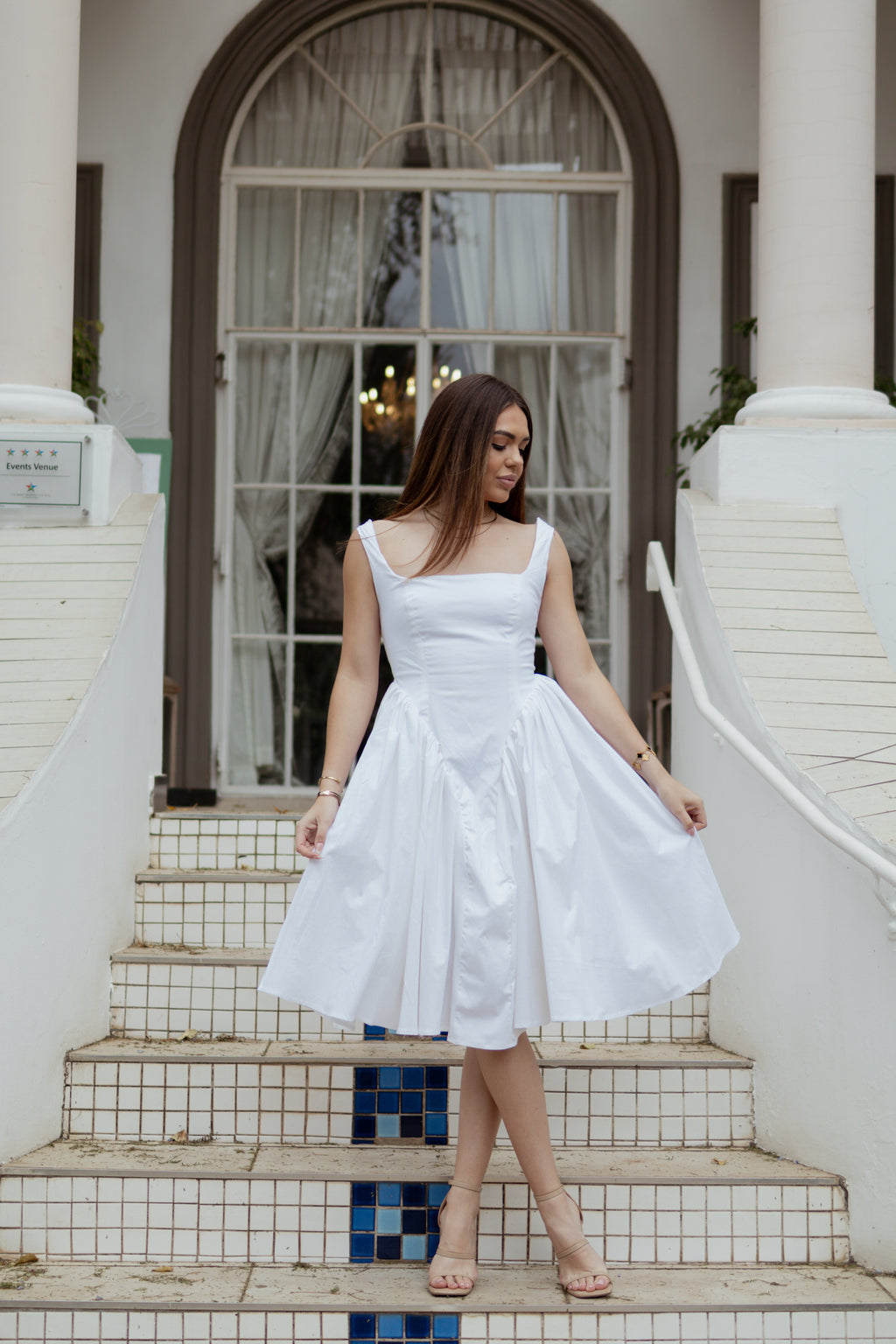 White Fit & Flare Midi Dress with Open Back Bow