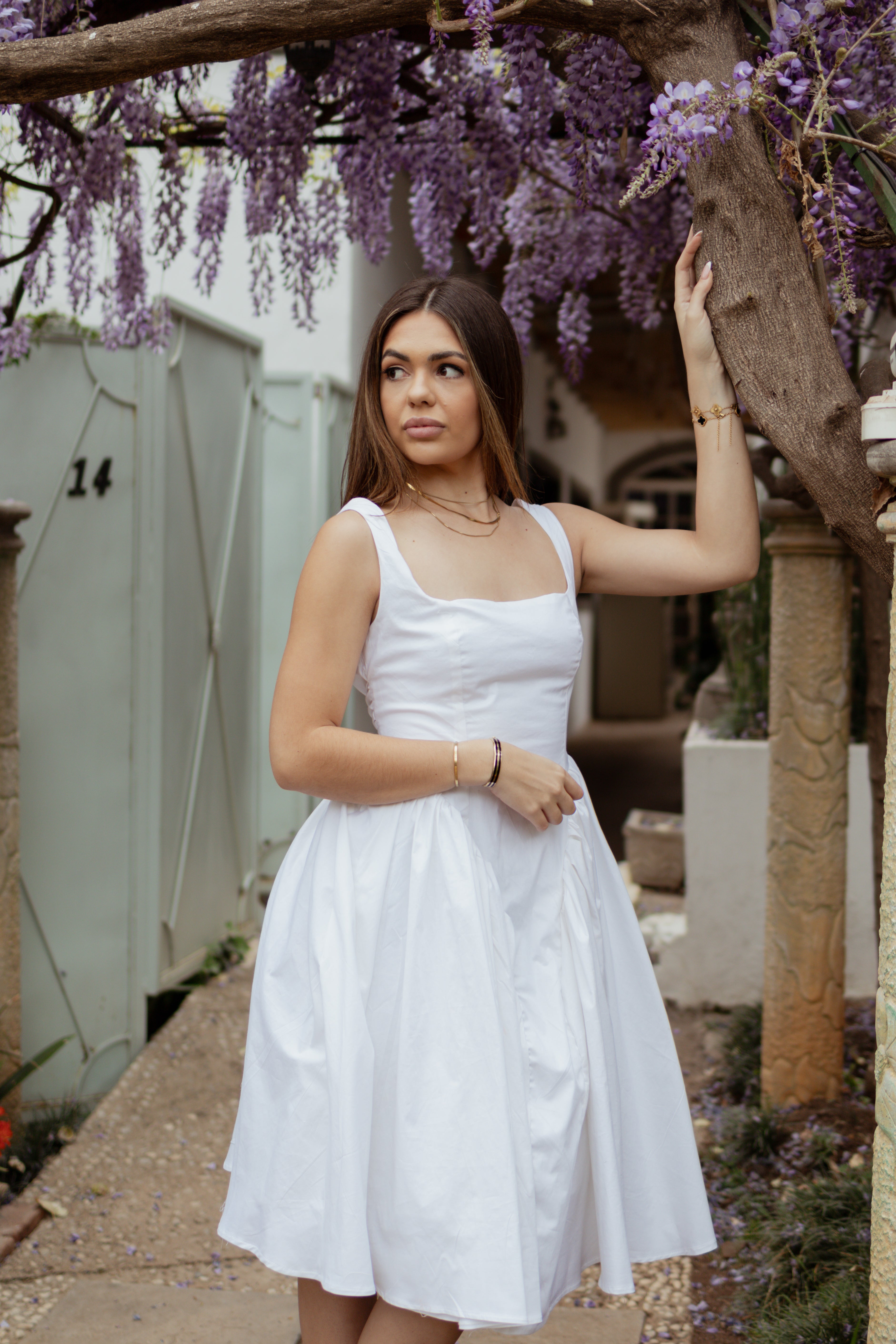 White Fit & Flare Midi Dress with Open Back Bow