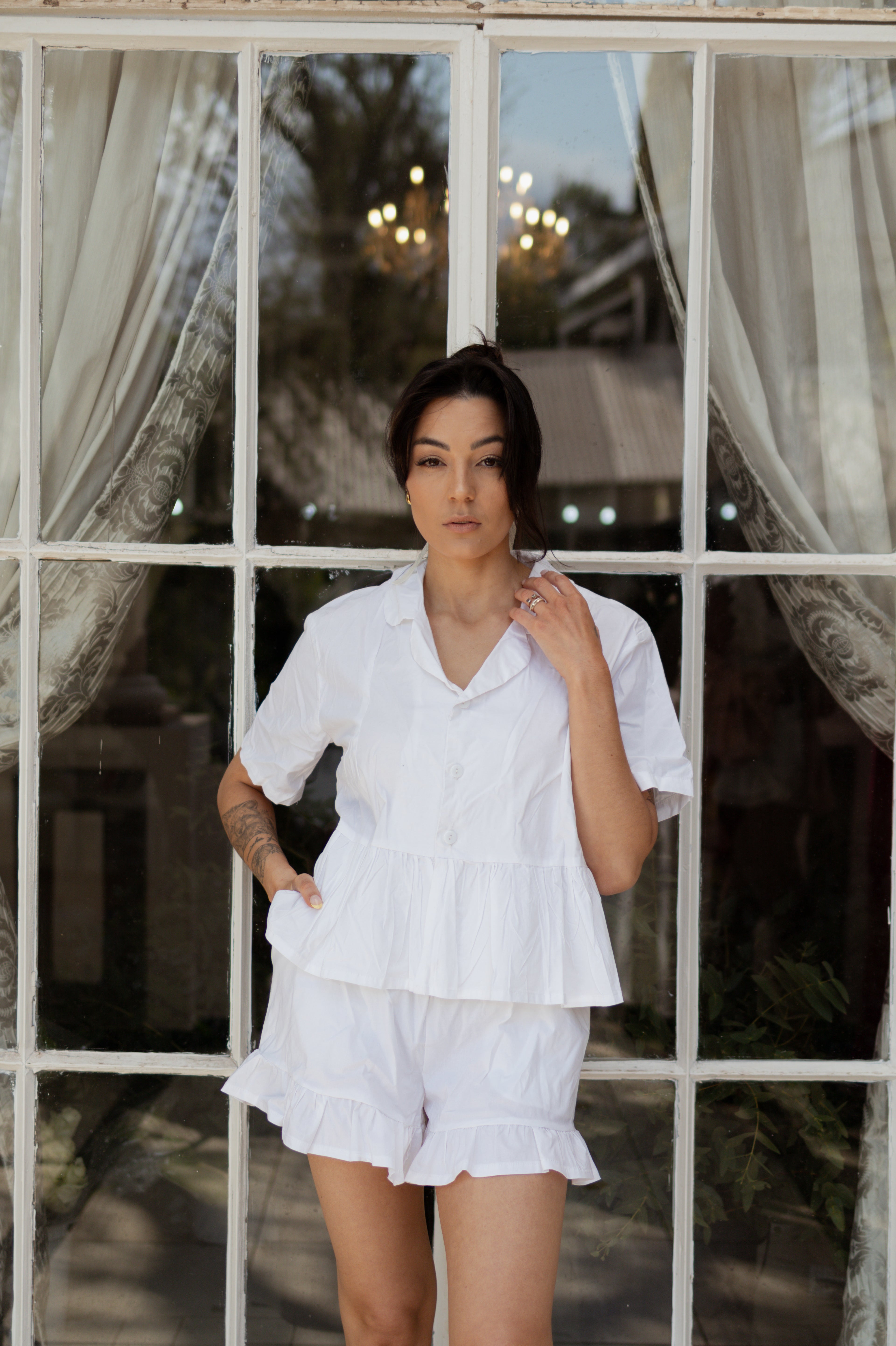 Ruffle Trim Getting Ready Button Shirt