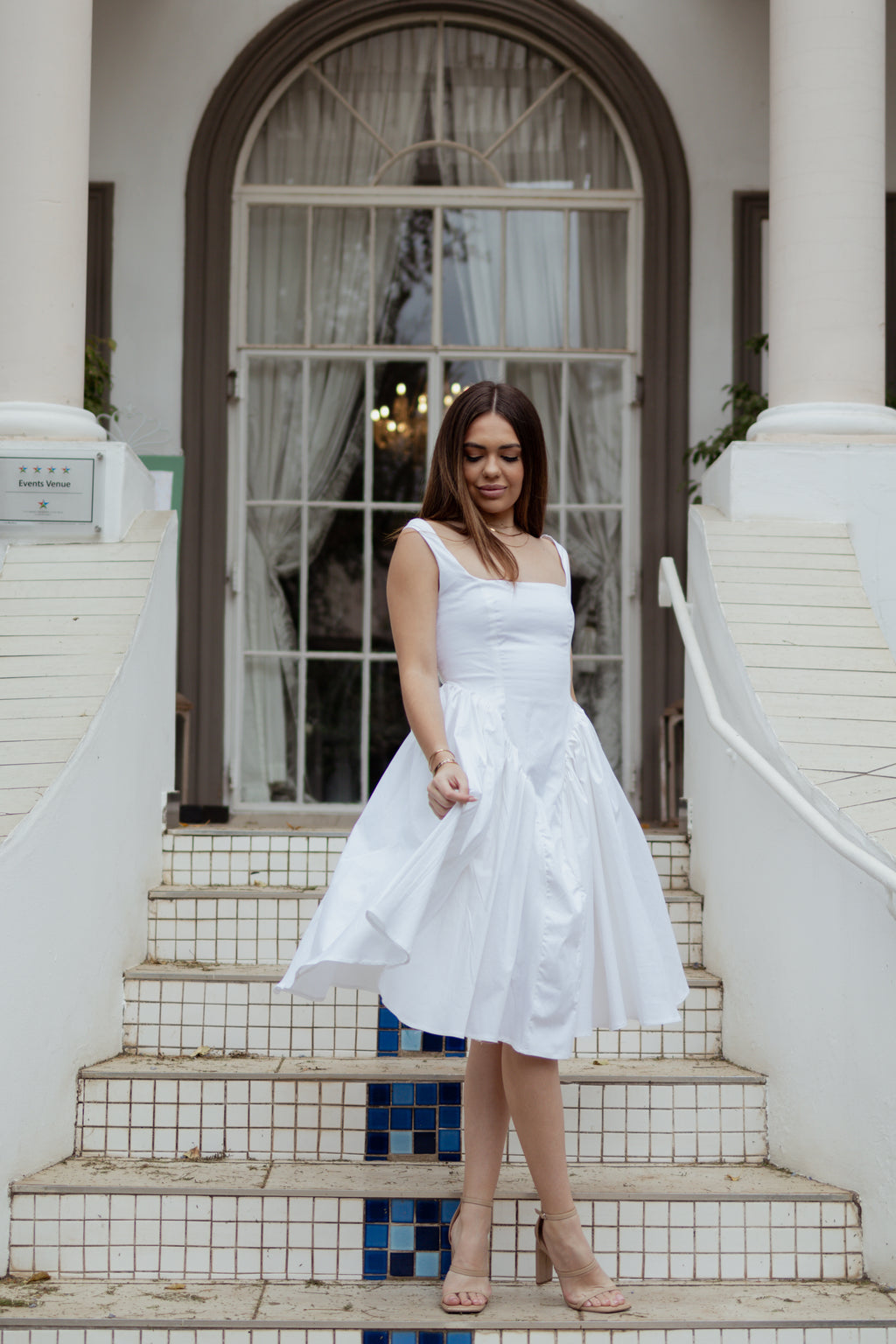 White Fit & Flare Midi Dress with Open Back Bow