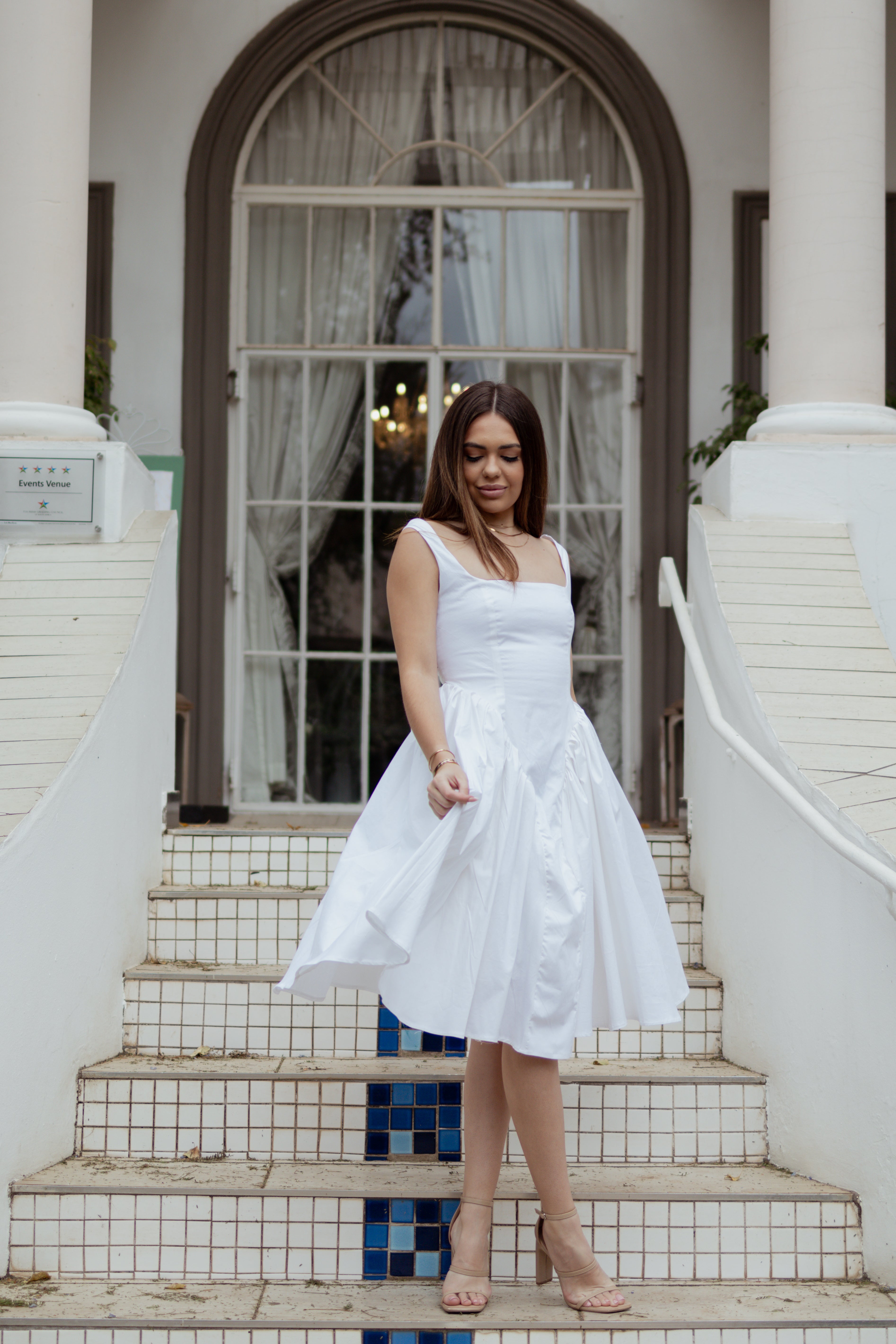 White Fit & Flare Midi Dress with Open Back Bow