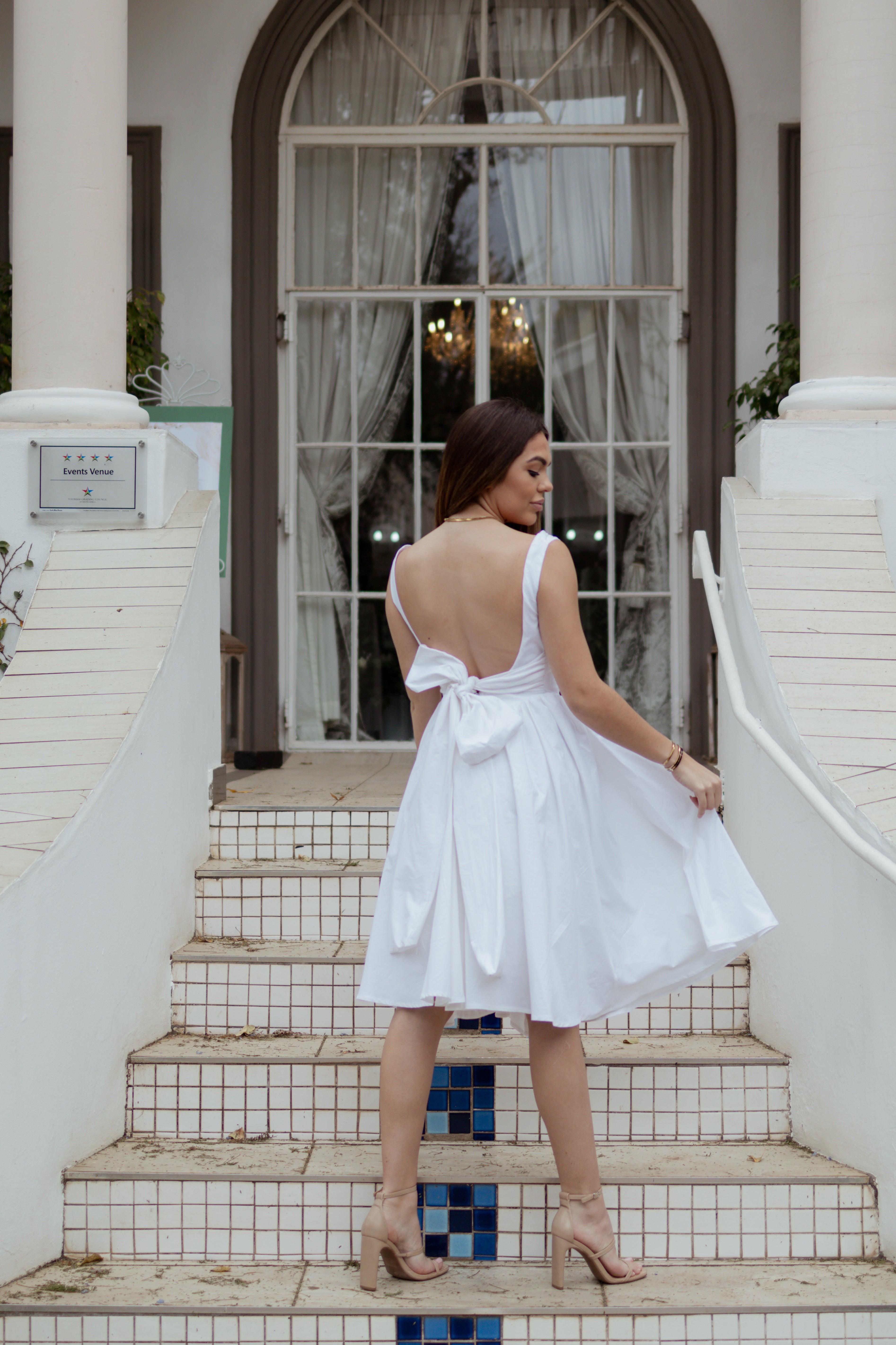 White Fit & Flare Midi Dress with Open Back Bow