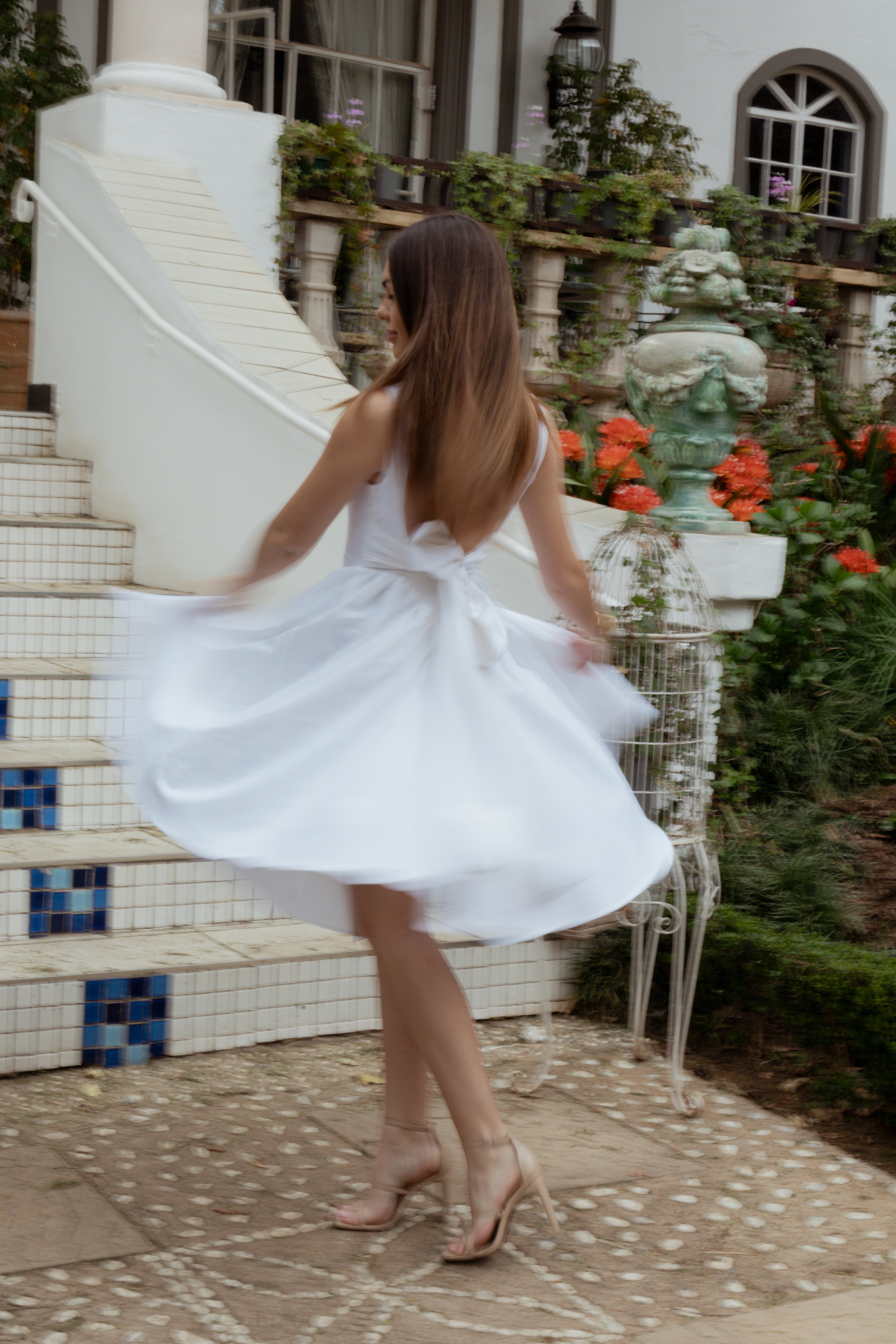 White Fit & Flare Midi Dress with Open Back Bow