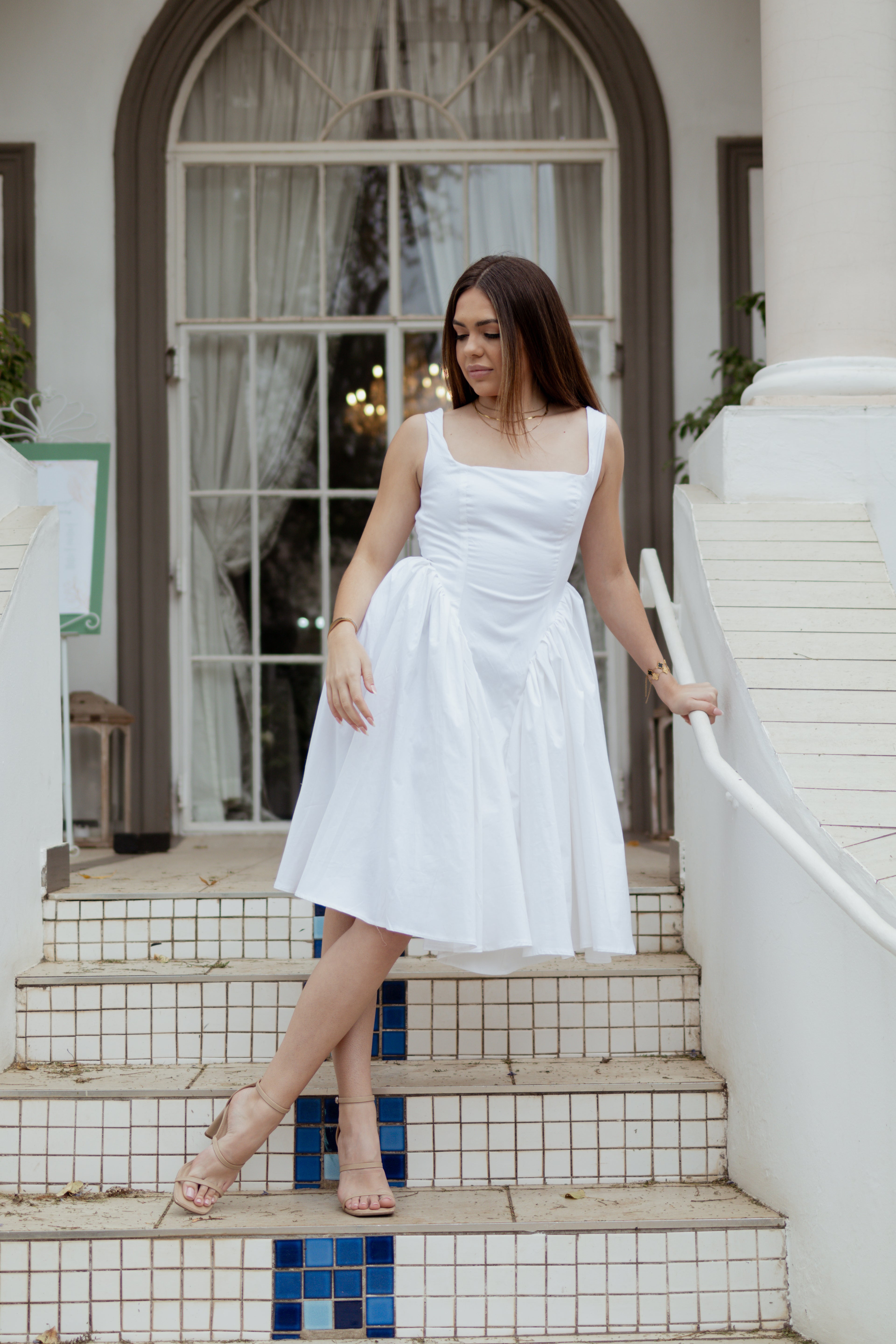 White Fit & Flare Midi Dress with Open Back Bow