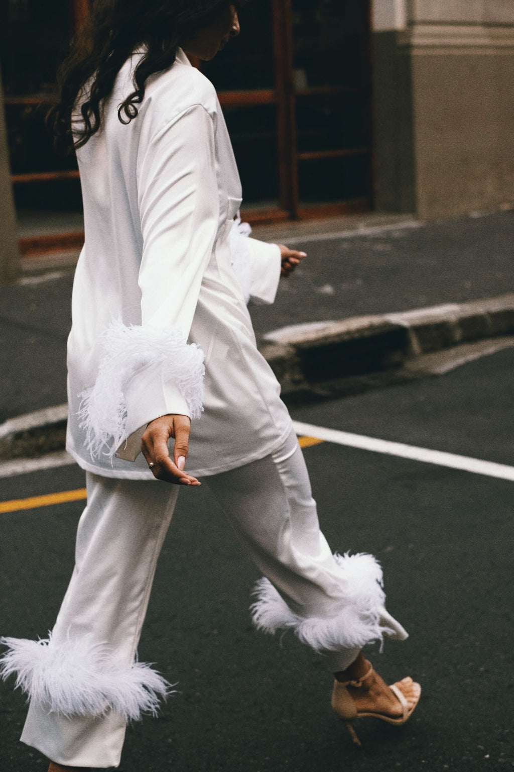 Satin Button Shirt with Feather Trim