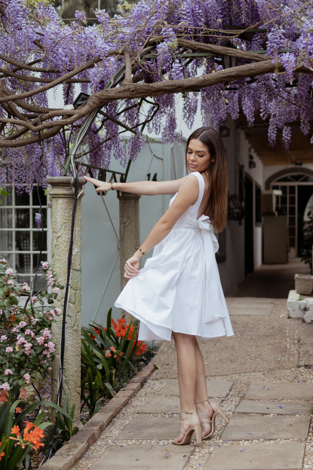 White Fit & Flare Midi Dress with Open Back Bow